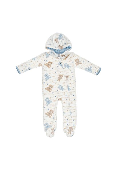 OEM Salopeta Fleece Ecru Ciel cu Gluga Model Ursuleti pentru Bebelusi 0-6 Luni