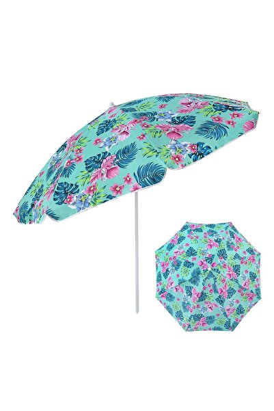OEM Τιρκουάζ Ομπρέλα Παραλίας με Φούξια Λουλούδια & Μεταλλικό Σκελετό Ø2 μέτρα