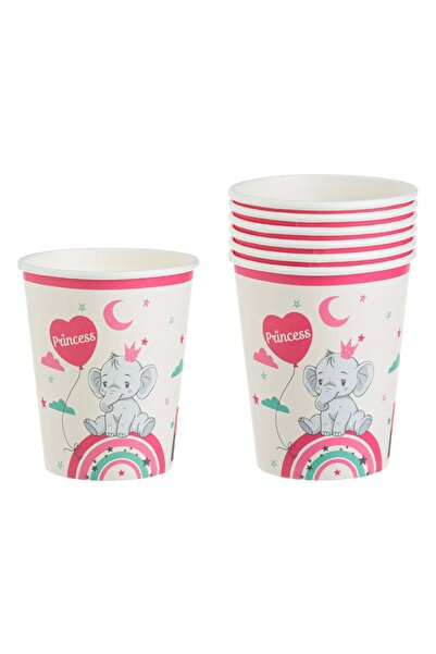 OEM Beige Paper Party Cups with Rainbow Elephant Princess 240ml - 6pcs