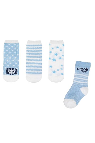 OEM Baby Socks White with Tiger and Lion Stars Stripes - 4 Pairs 0-9 Months