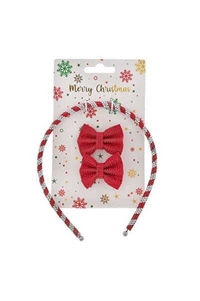 OEM Red Christmas Hair Wreath Set with Silver Rhinestone & Bow Clips - 3 pieces