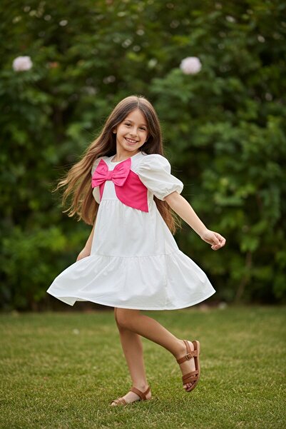 QUB CLUB Girl's White Fuchsia Bow New Season Holiday Dress