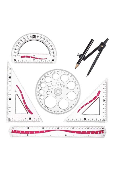 OEM Little President Transparent Ruler Set with Red Pattern & Compass - 6 pieces