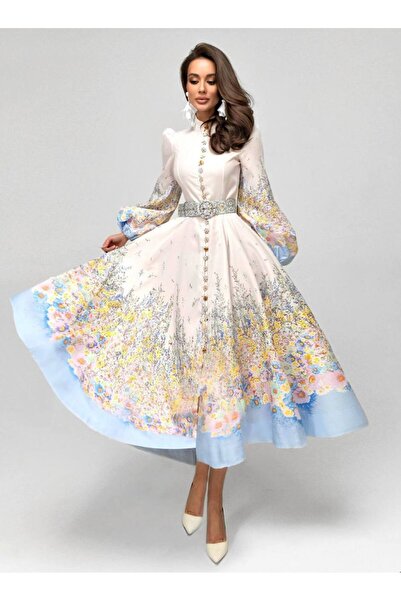 MSN Linen Fabric Zimmerman Model Lace Detailed Dress (Including Belt Pieces)-...