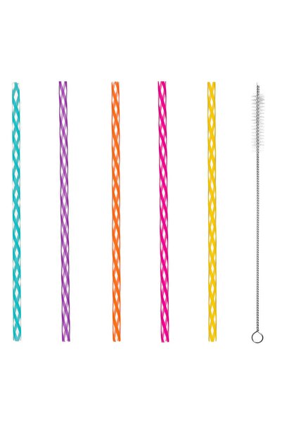 OEM Colorful Striped Reusable Plastic Straws 7x230mm & Cleaning Brush - 24pcs