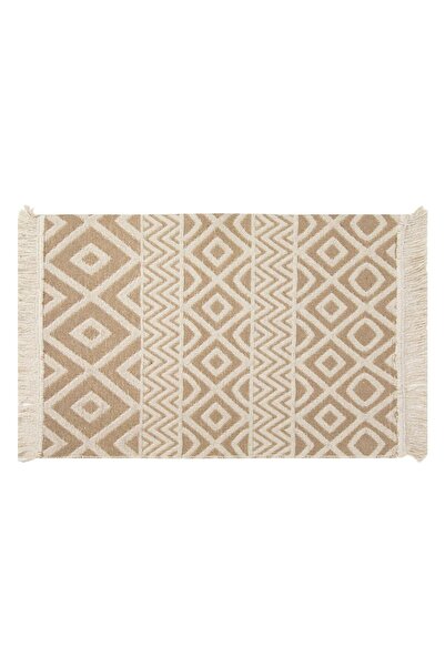 OEM Κρεμ μπεζ χαλί με ανάγλυφο σχέδιο και κρόσσια 90x60εκ.