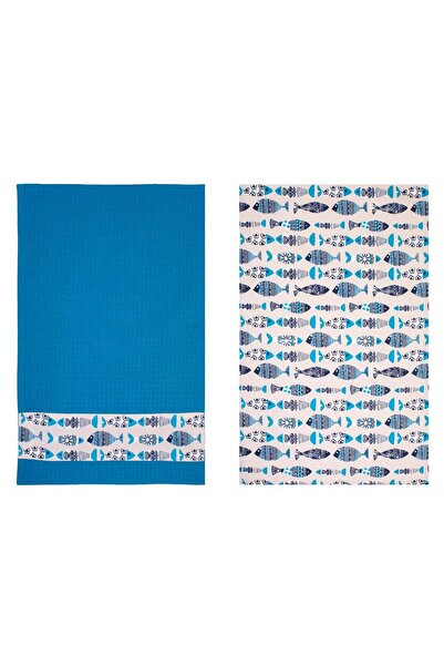 OEM Blue Beige Kitchen Towels Set with Fish Pattern 58x38cm - 2pcs