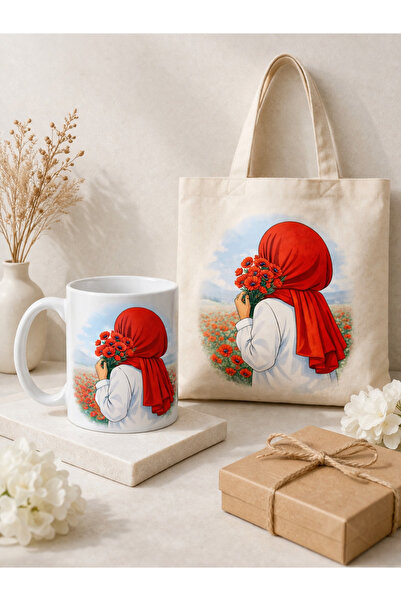 hb gift Kadın Figürlü Bez Çanta ve Kupa Seti — Anneler Günü Hediyesi, Özel Ta...