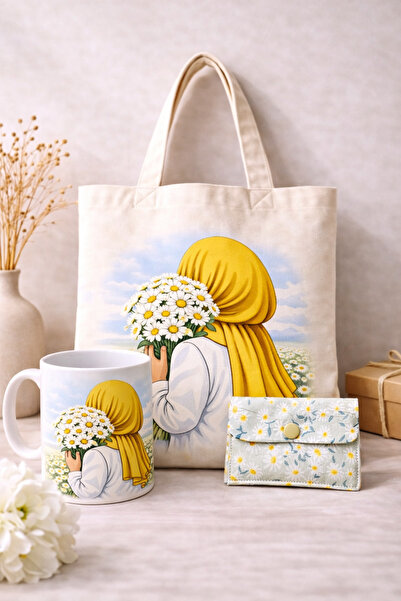 hb gift Papatya Temalı Bez Çanta & Kupa & Mini Kartlık Seti — Kadınlara Özel ...