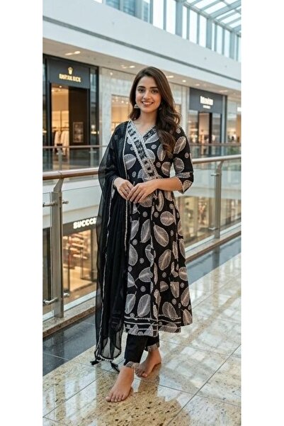 Genaric Women’s Rayon Printed Long Kurta Salwar Suit Set 3 Piece – Unstitched Ethnic Dress with Dupatta.