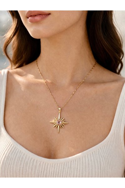 liore dünyası Women's Sun Star Figured Pink Stone Gold Color Steel Necklace