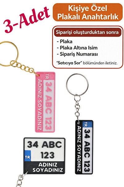 lina hobby 3 Adet Kişiye Özel Plaka Anahtarlık Seti - 1 Kare + 1 Pembe + 1 Ma...