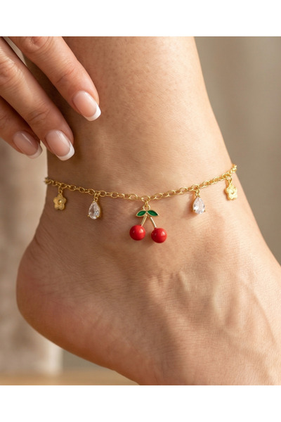 GKCBijoux 316L Paslanmaz Çelik Gold Renk Kiraz Ve Çiçek Figürlü Damla Taşlı Z...