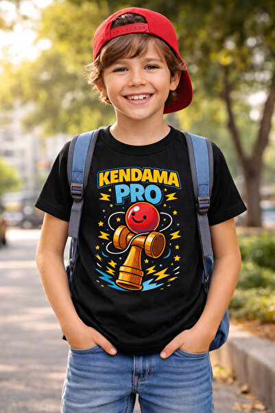 MGMediaDesign Tricou negru pentru băieți cu imprimeu Kendama Pro, mânecă scur...