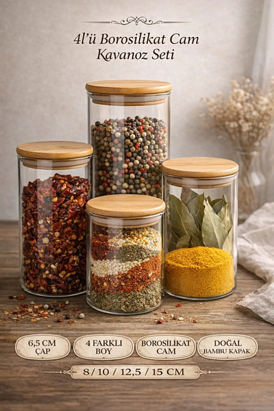 Altijara 4'lü Bambu Kapaklı Baharatlık Kavanoz Vakumlu Baharatlık Saklama Kab...