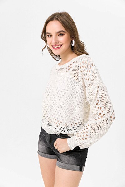 POİNE Baklava Knit Detailed Summer Stylish Knitwear Women's Blouse
