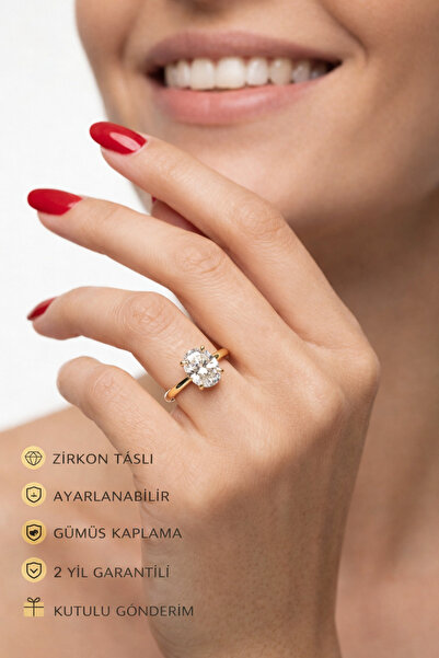 HUBANN Zirkon Taşlı Tektaş Yüzük 10 mm Gold Ayarlanabilir Büyük Taş Parlak Gü...