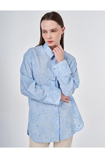 Kayra 100% Cotton Floral Embroidered Tunic Blue