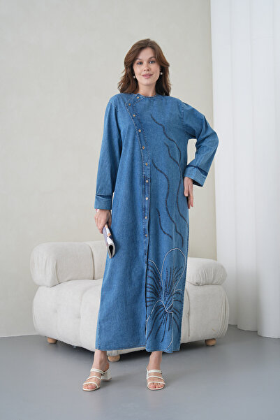 Miss Allos Women's Buttoned Beaded Embroidered Wide Fit Long Denim Dress