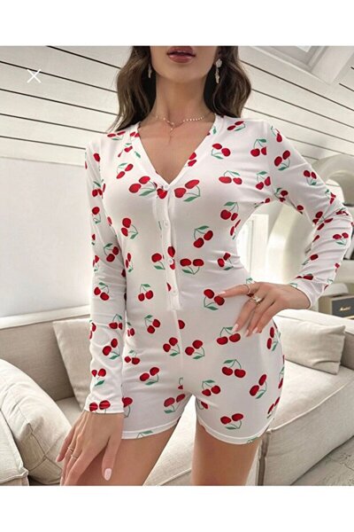 Viselya Cherry patterned jumpsuit pajama set