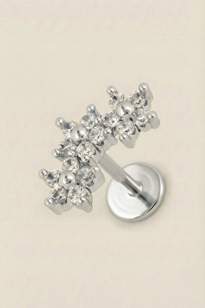 Hetra Gümüş Renkli Cerrahi Çelik Üçlü Çiçek Zirkon Taşlı Flatback Piercing – ...