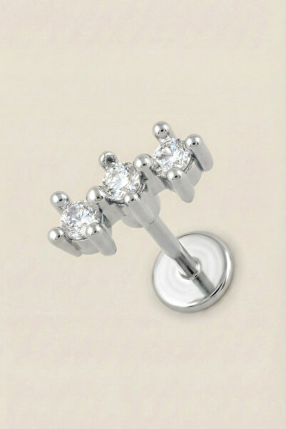 Hetra Gümüş Renkli Cerrahi Çelik Üçlü Sıralı Zirkon Taşlı Flatback Piercing –...