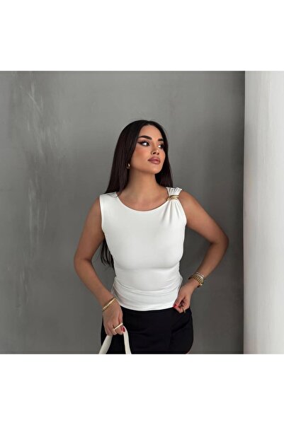 Butik Women's Sleeveless Stylish Blouse with Shoulder Accessory Detail