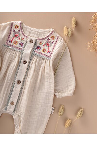 Cigit Muslin Embroidered Jumpsuit 0-3 Years Natural