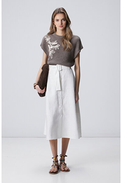 Network Kırık Beyaz Düğmeli Keten Midi Etek