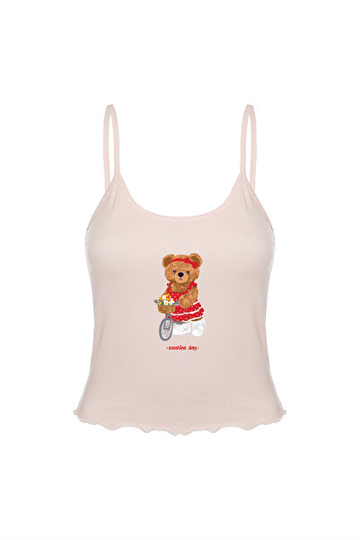 koza iç giyim Kadın İnce Askılı Desenli Pamuklu Şortlu Pijama Takımı