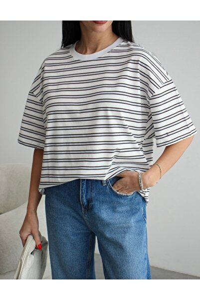 LİNDALİNA TEKSTİL Blue Crew Neck Cotton Striped Oversize T-Shirt