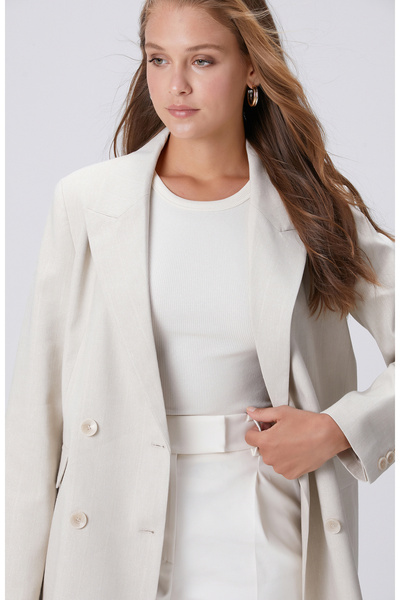 Network Naturel Çizgili Simli Keten Karışım Kruvaze Ceket