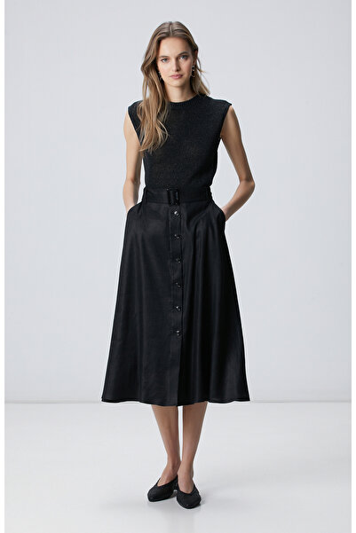 Network Siyah Düğmeli Midi Keten Etek