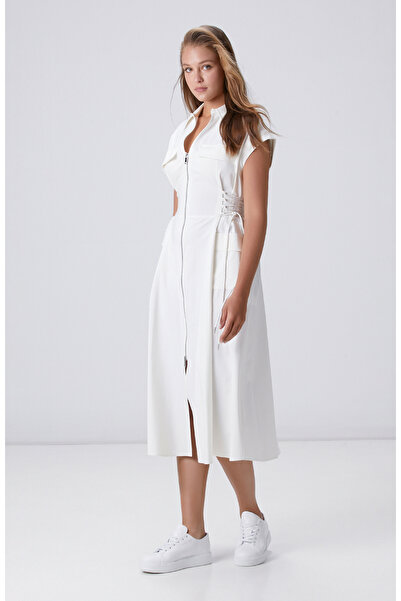 Network Kırık Beyaz N-tech Bel Detaylı Midi Elbise