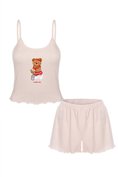 koza iç giyim Kadın İnce Askılı Desenli Pamuklu Şortlu Pijama Takımı