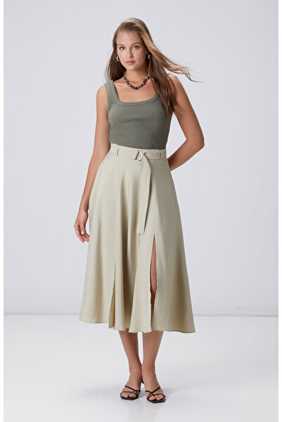 Network Açık Haki Çift Yırtmaçlı Midi Etek