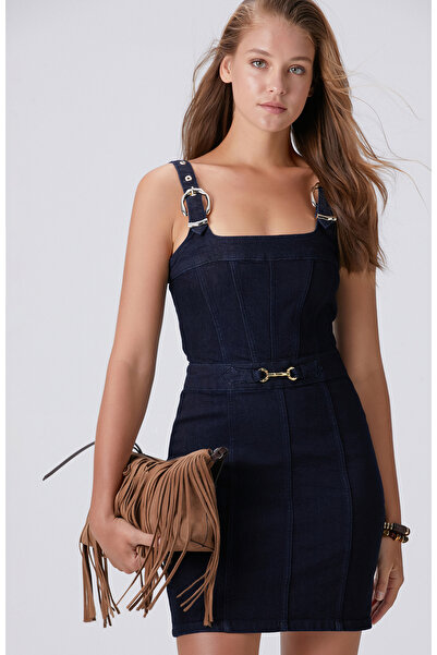 Network Koyu İndigo Mavi Toka Detaylı Mini Denim Elbise