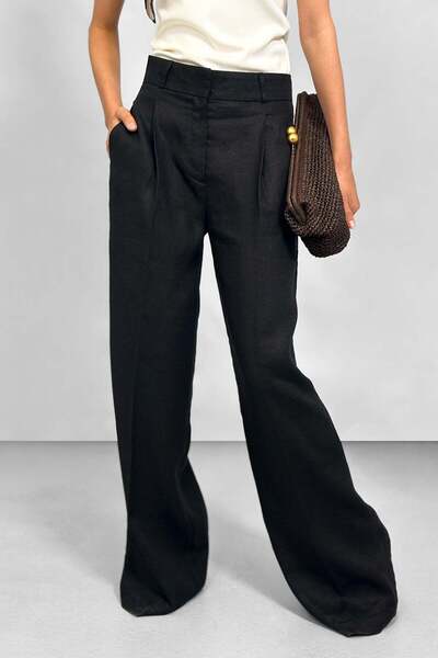 NİLİST Keten %100 Tailored Klasik Kesim Pantolon - Siyah