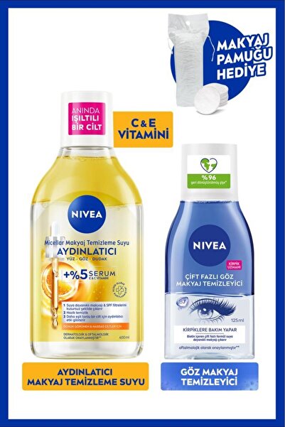NIVEA Aydınlatıcı Micellar Makyaj Temizleme Suyu 400ml ve Göz Makyaj Temizley...