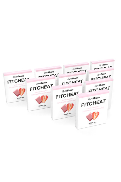 GymBeam Fitcheat Protein Ciocolată, 10 x 80 g, ciocolată albă cu căpșuni