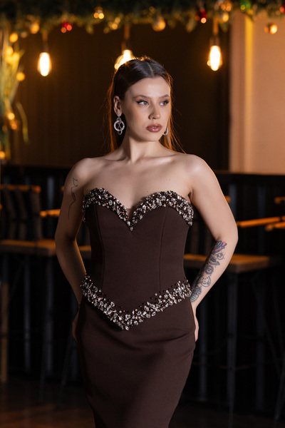 Abiyefon Kahve Taşlı Straplez Yaka Peplum Uzun Abiye Elbise ABU5610