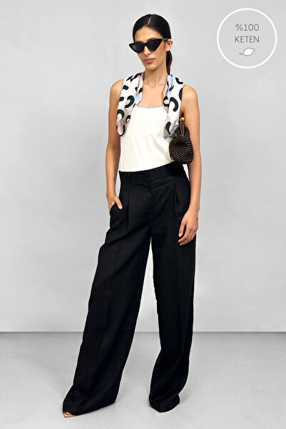 NİLİST Linen 100% Tailored Classic Cut Trousers - Black