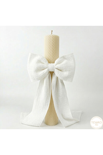 OEMN Lumânare botez din ceară naturală cu fundă din muselină