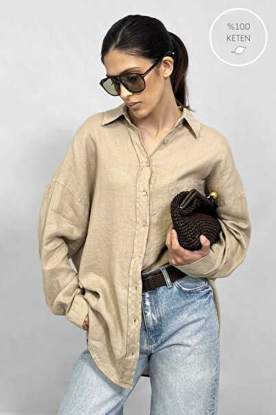 NİLİST 100% Linen Oversize Shirt with Wide Pockets - Sand Beige