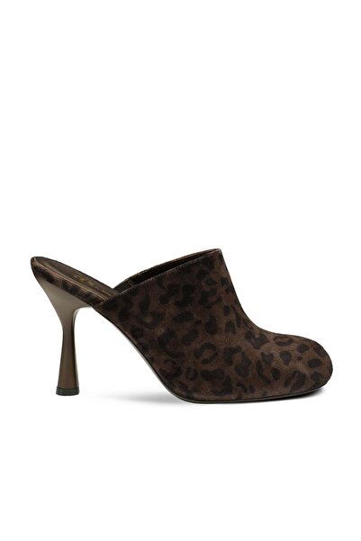 Vario Genuine Suede Leather Leopard Patterned Slippers Z628 Brown Leopard Suede