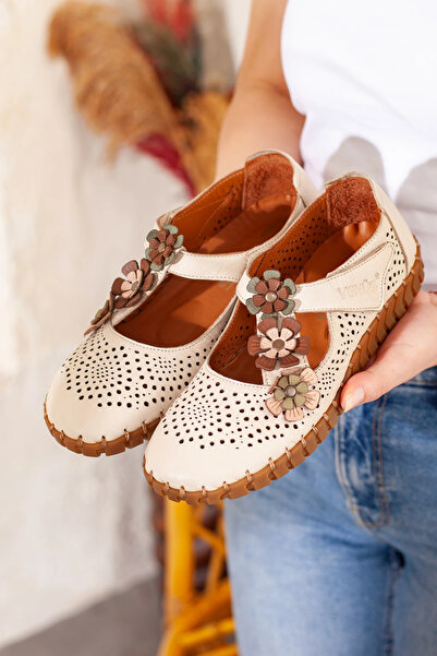 Adım Adım Venüs Genuine Leather Orthopedic Shoes with Floral Accessories