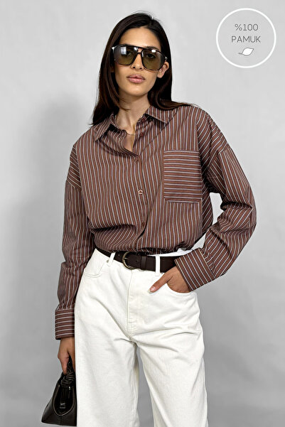 NİLİST Pure Cotton Stand Collar Striped Shirt - Brick Brown