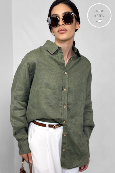 NİLİST 100% Linen Stand-Up Collar Shirt Khaki Green
