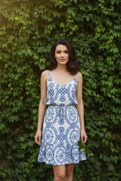 Mossta Rochie din jerseu cu decolteu în V și bretele, cu model - Albastru