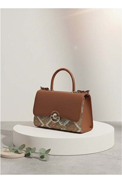 Fumes Brown Women’s Handbag – Smooth Finish with Patterned Fabric Panel, Stru...